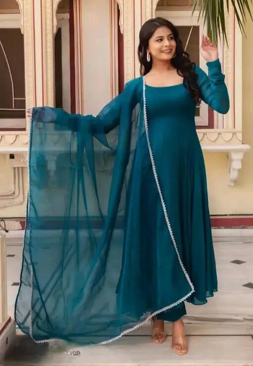 Stylish Trendy Printed Georgette Gown Set With Dupatta