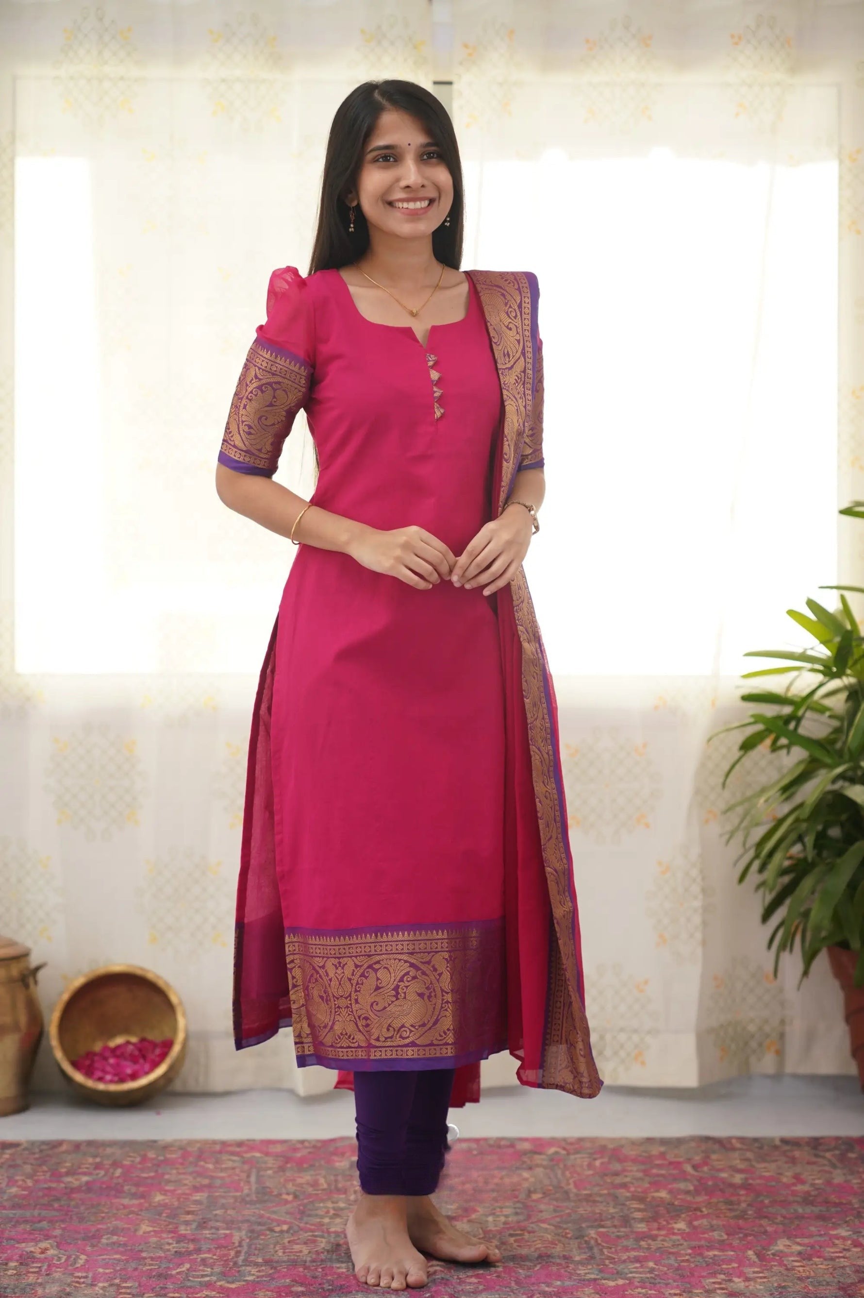 Stylish Pink South Cotton Kurti with Black Border – Comfort Meets Class.