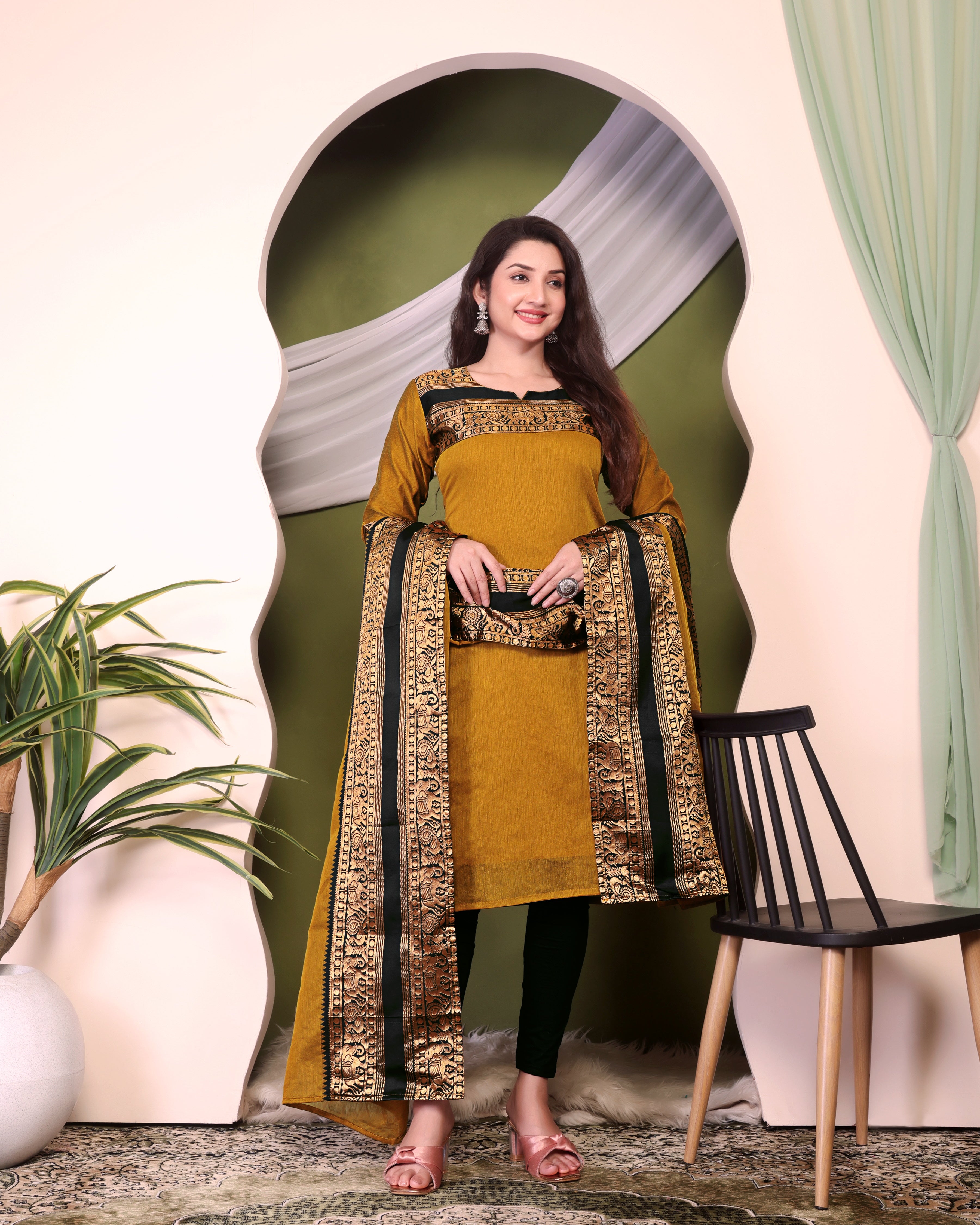 Silk Cotton Kurti and Dupatta Set with Intricate Weaving Work