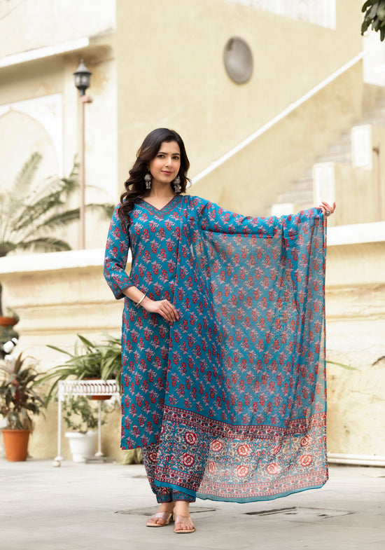 Set Kurta dan Seluar Bercetak Bunga Menawan dengan Kapas Chanderi Dupatta