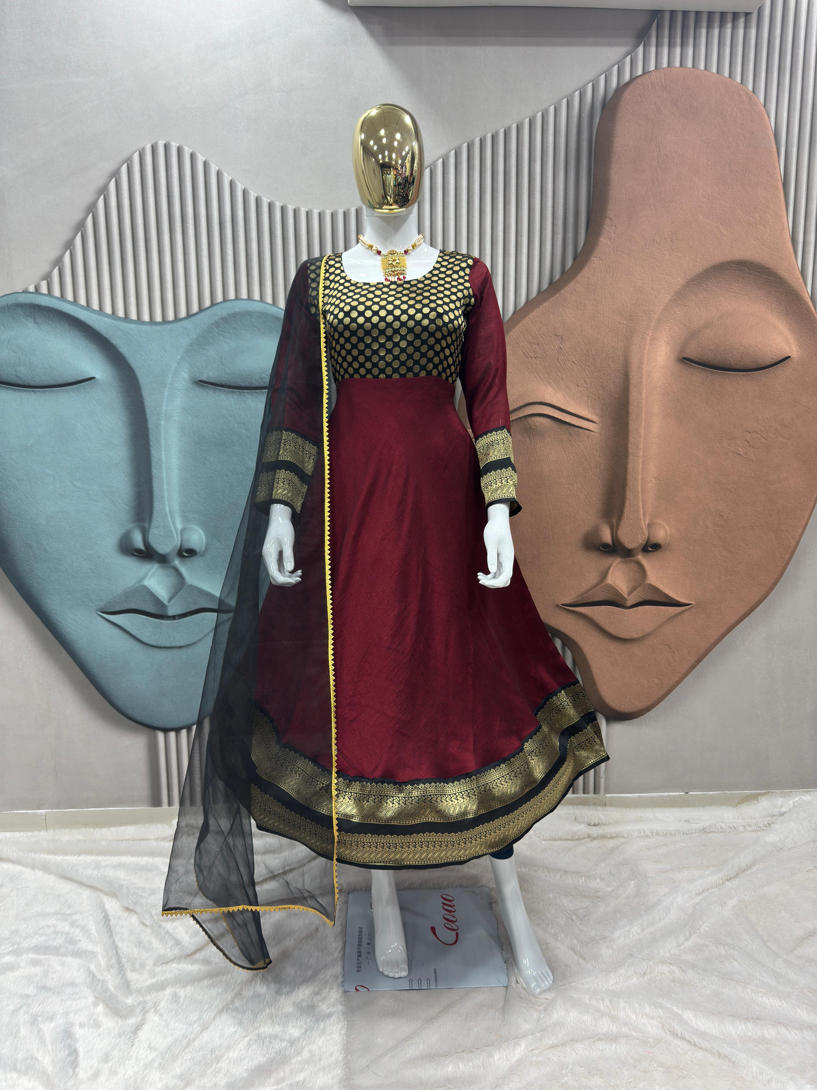 Elegant Maroon Antalkali Suit with Jacquard Silk & Net Dupatta