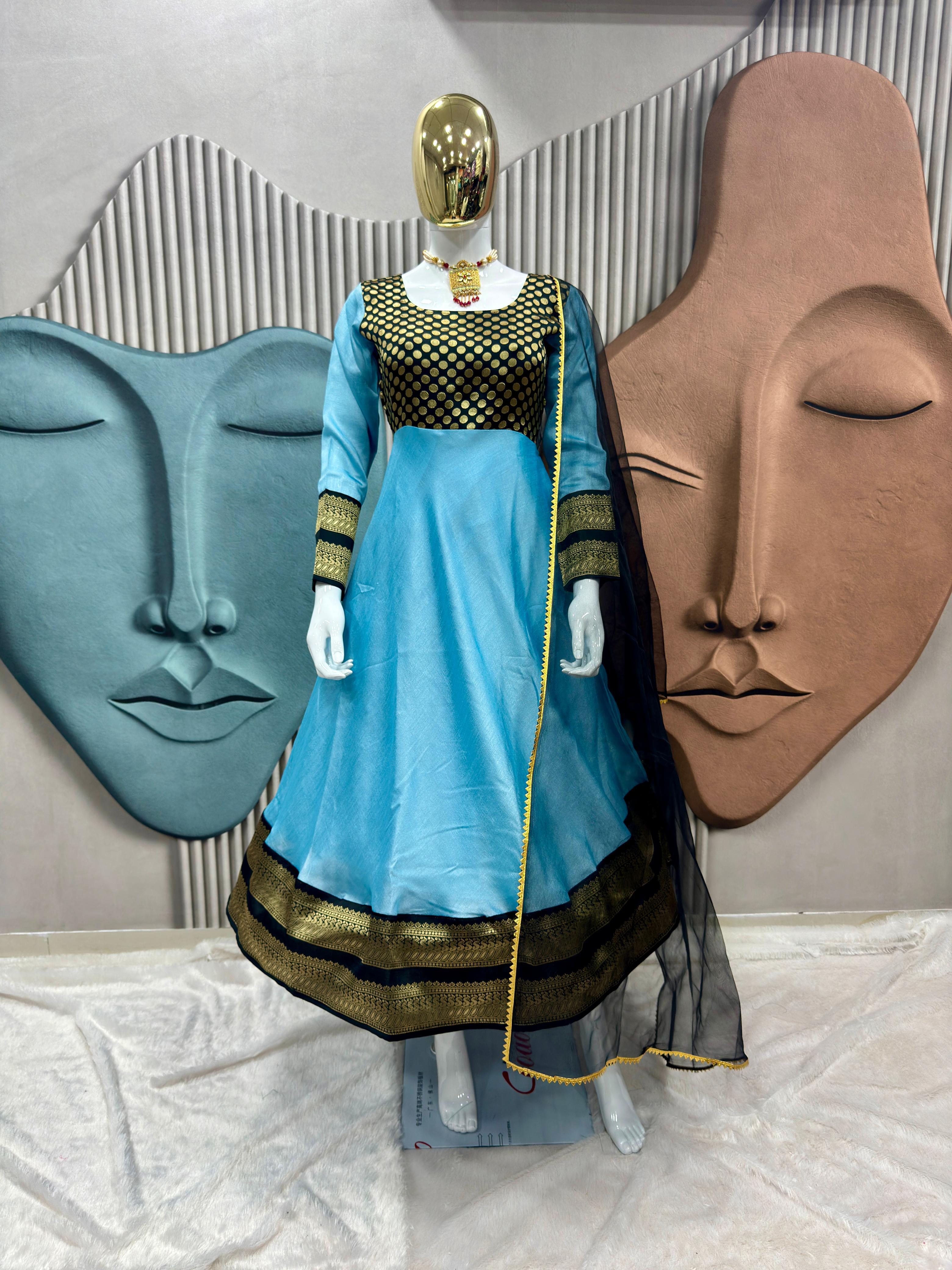 Elegant Sky Blue Antalkali Suit with Jacquard Silk & Net Dupatta