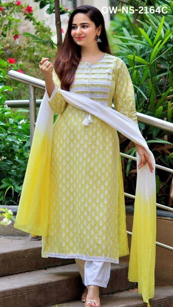 Set Kurti, Seluar dan Dupatta Bercetak dengan Kerja Renda pada Leher
