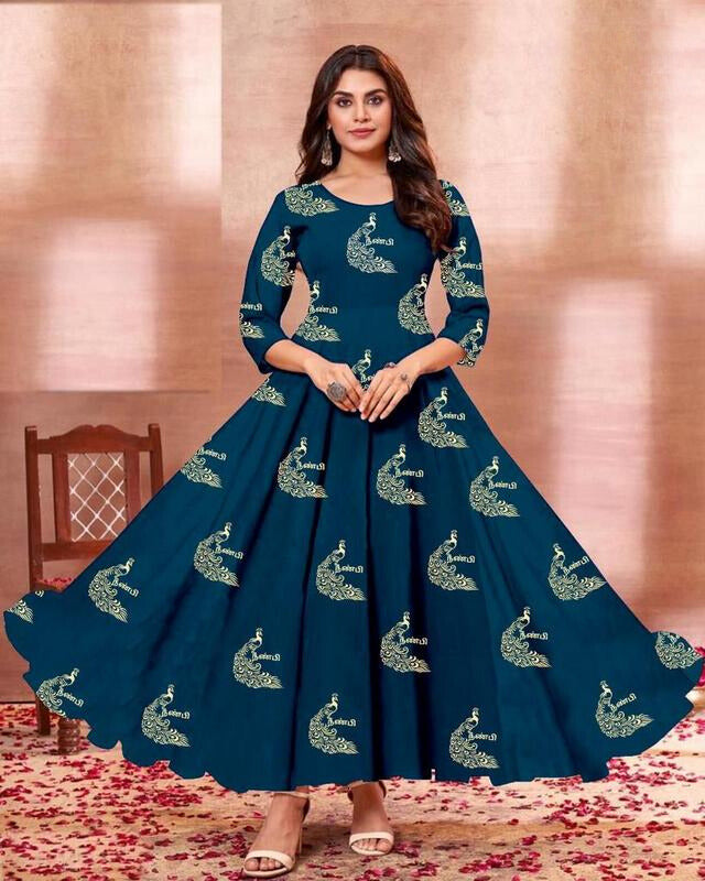 Pakaian Gaun Bercetak Rayon Peacock