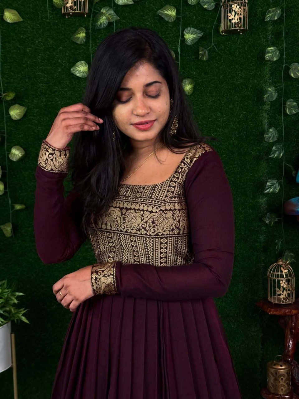 Melobita Silk Full-Length Anarkali Gown Kurti with Sheer Golden-Border Dupatta