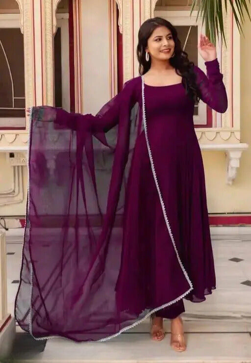 Stylish Trendy Printed Georgette Gown Set With Dupatta