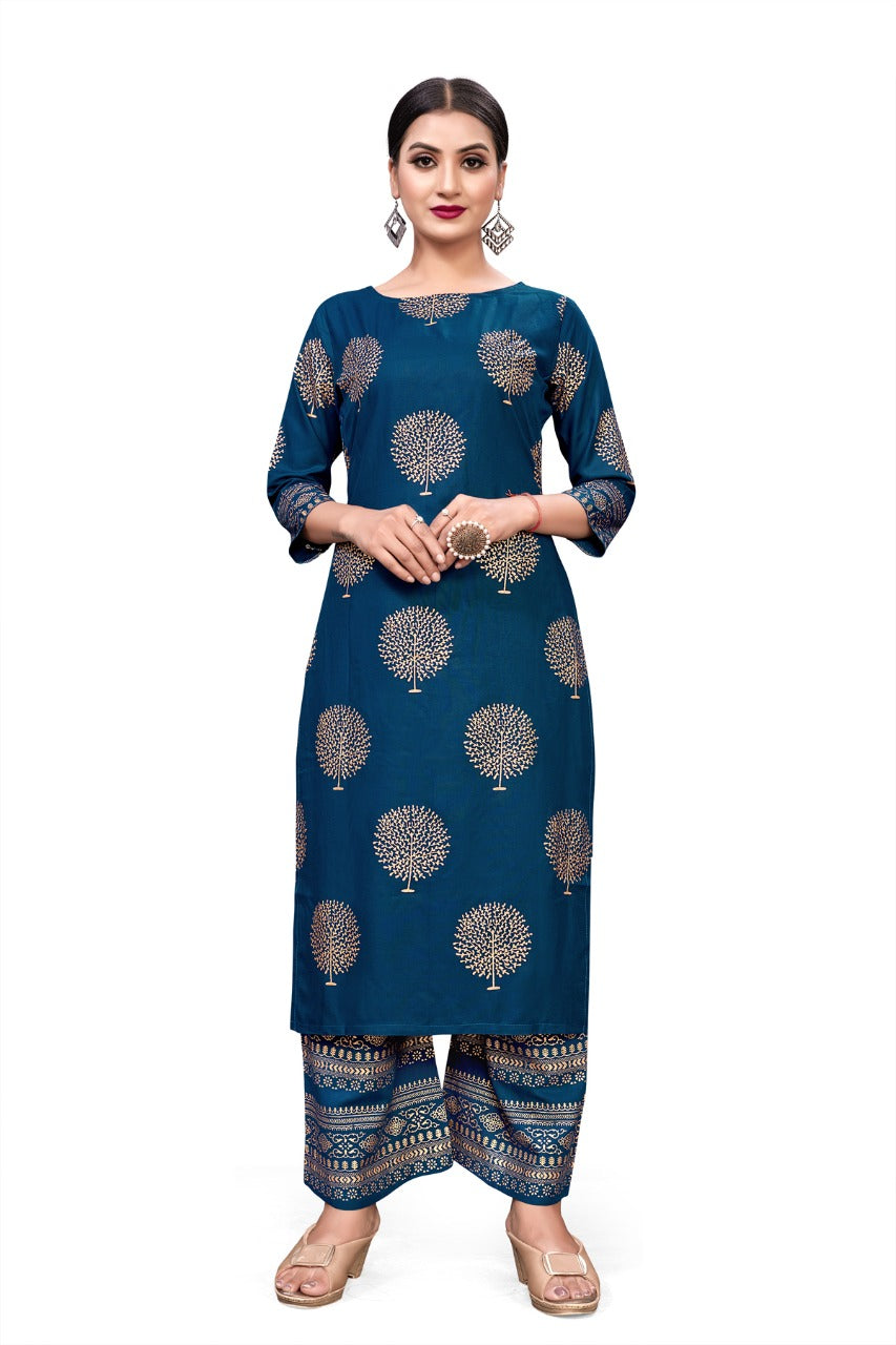Punjabi Rayon Kurti & Pant in Foil Work