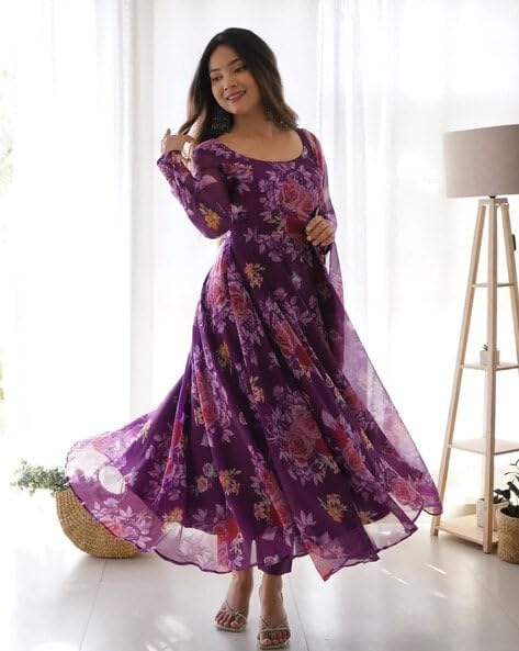 Set Gaun Georgette Bercetak Bergaya Bergaya Dengan Dupatta