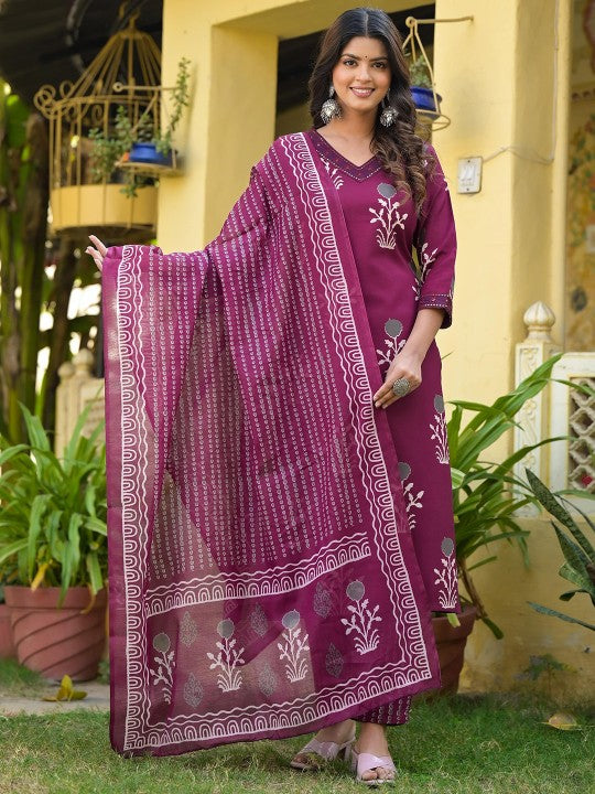 Kurta dan Seluar Rayon Bercetak Bunga dengan Chanderi Dupatta Bergaya