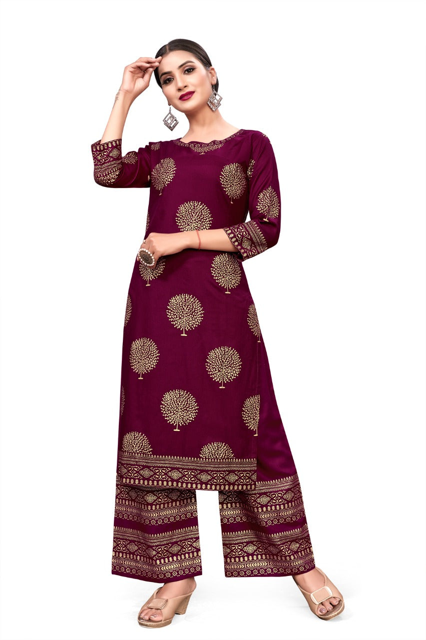 Punjabi Rayon Kurti & Pant in Foil Work