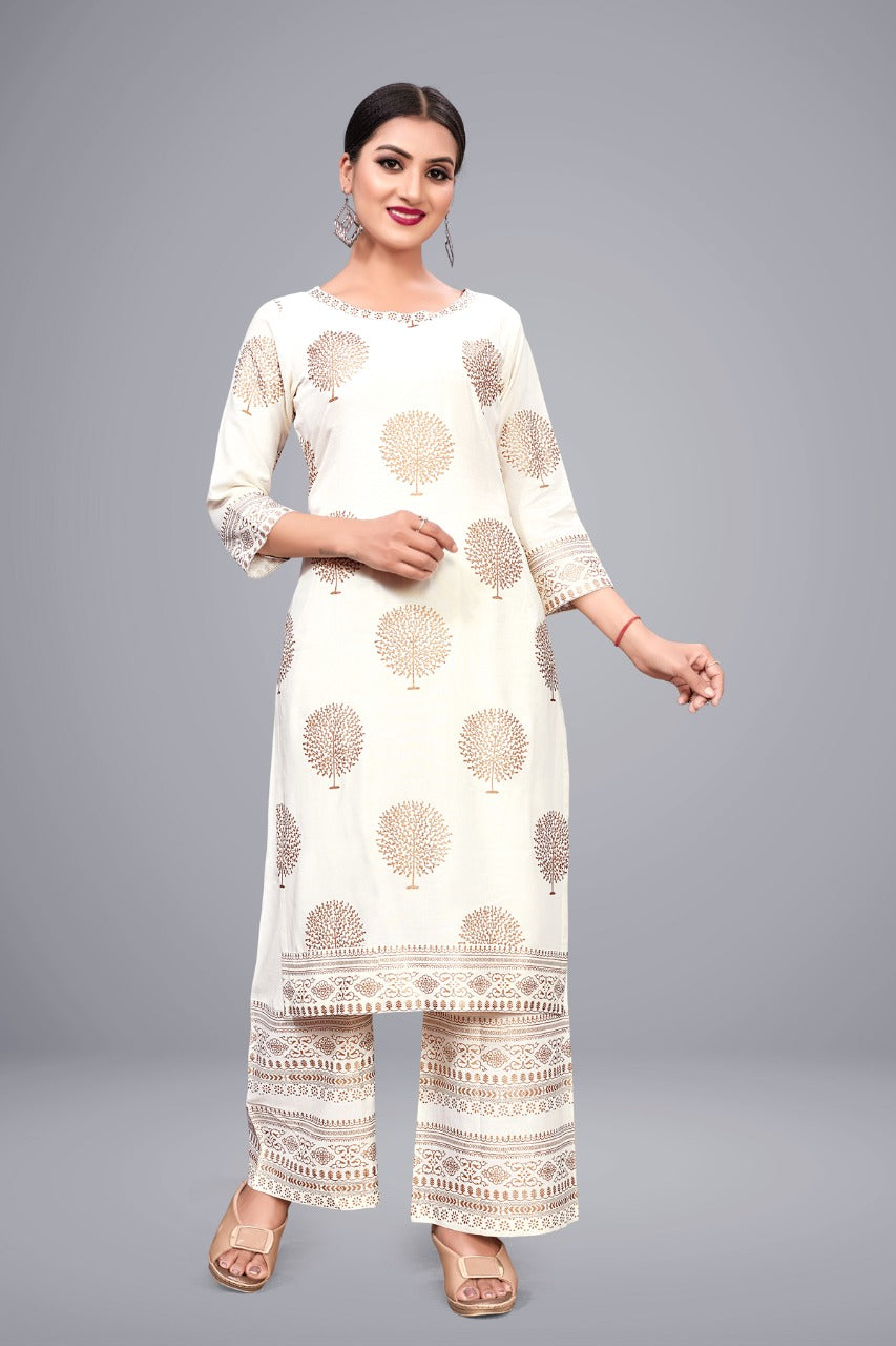 Punjabi Rayon Kurti & Pant in Foil Work
