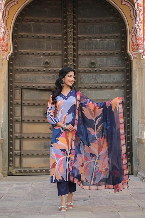 Kurti Rayon Slub Biru Elegan dengan Dupatta Seluar & Padanan