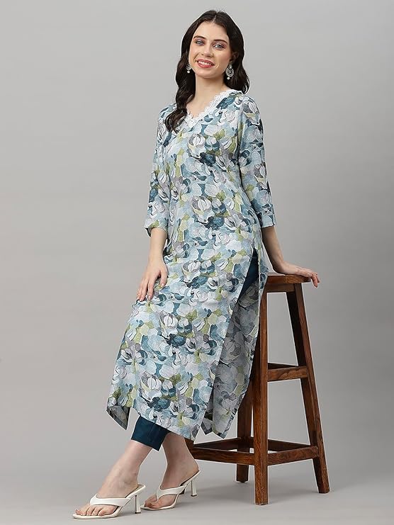 Kurti Bercetak Bunga Elegan dengan Seluar Selesa