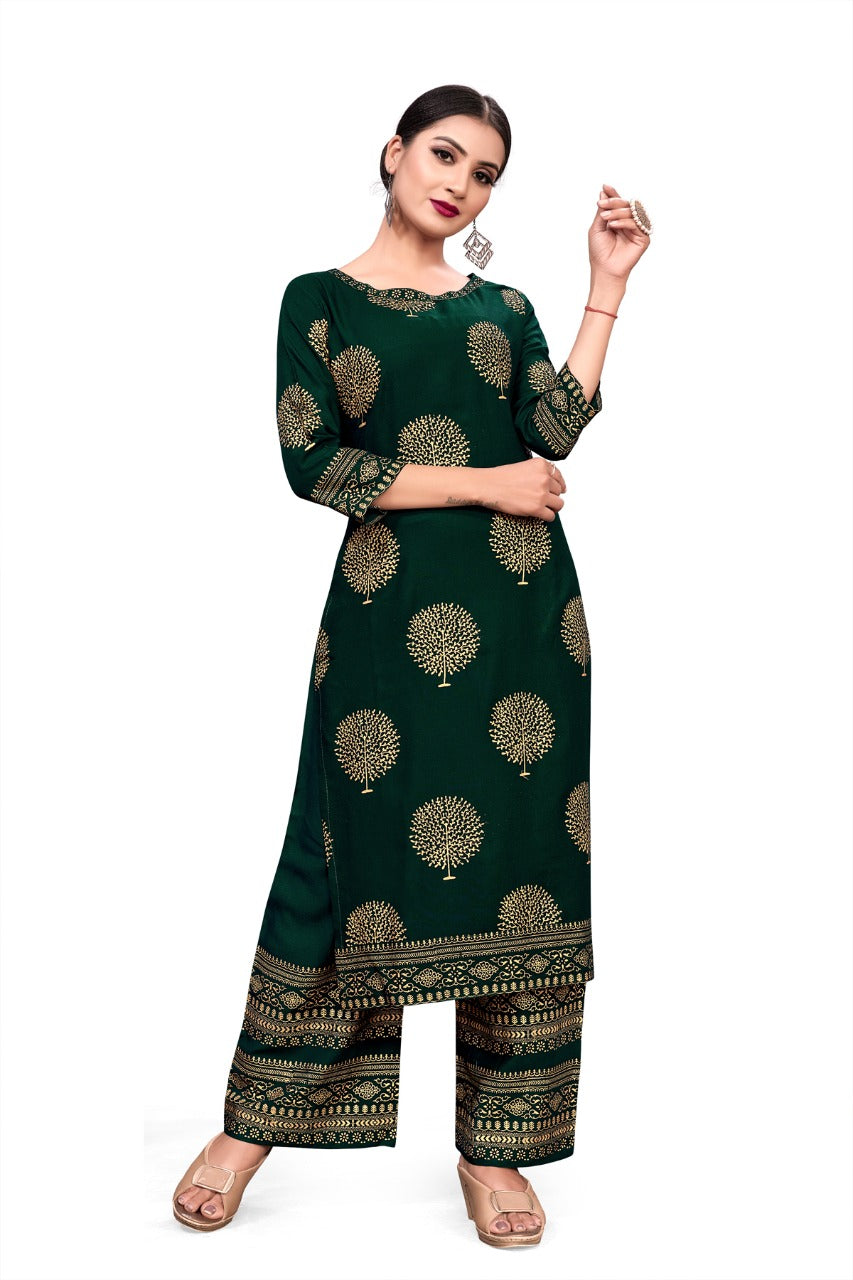 Punjabi Rayon Kurti & Pant in Foil Work