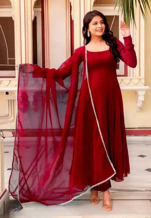 Stylish Trendy Printed Georgette Gown Set With Dupatta