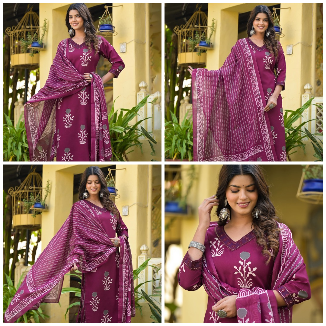 Floral Printed Rayon Kurta and Trousers with Stylish Chanderi Dupatta