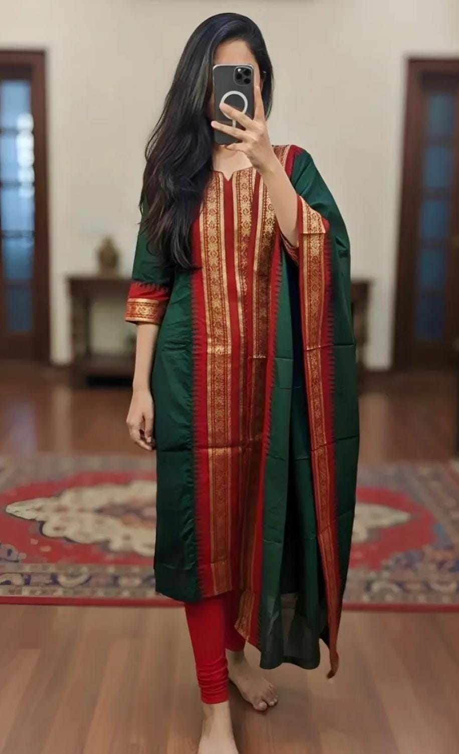 Bottle Green Chanderi Cotton Straight Fit Kurta Set with Jacquard Border.