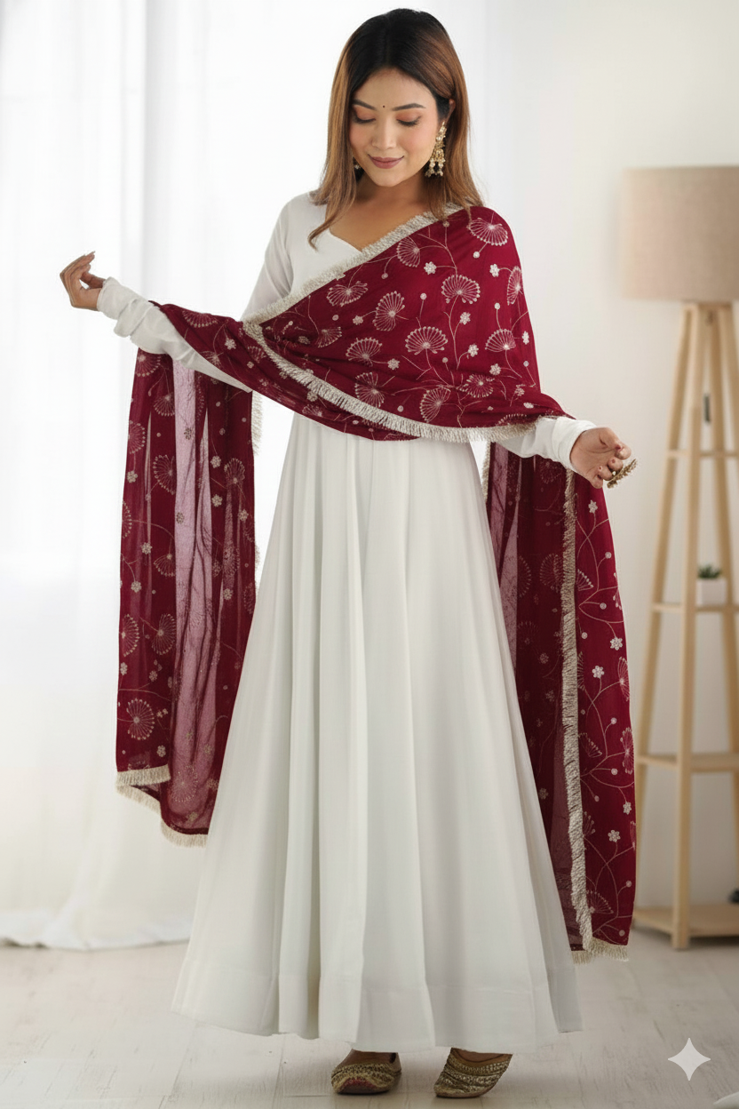 Elegant White Georgette Anarkali Gown with Maroon Sequins & Zari Lace Dupatta