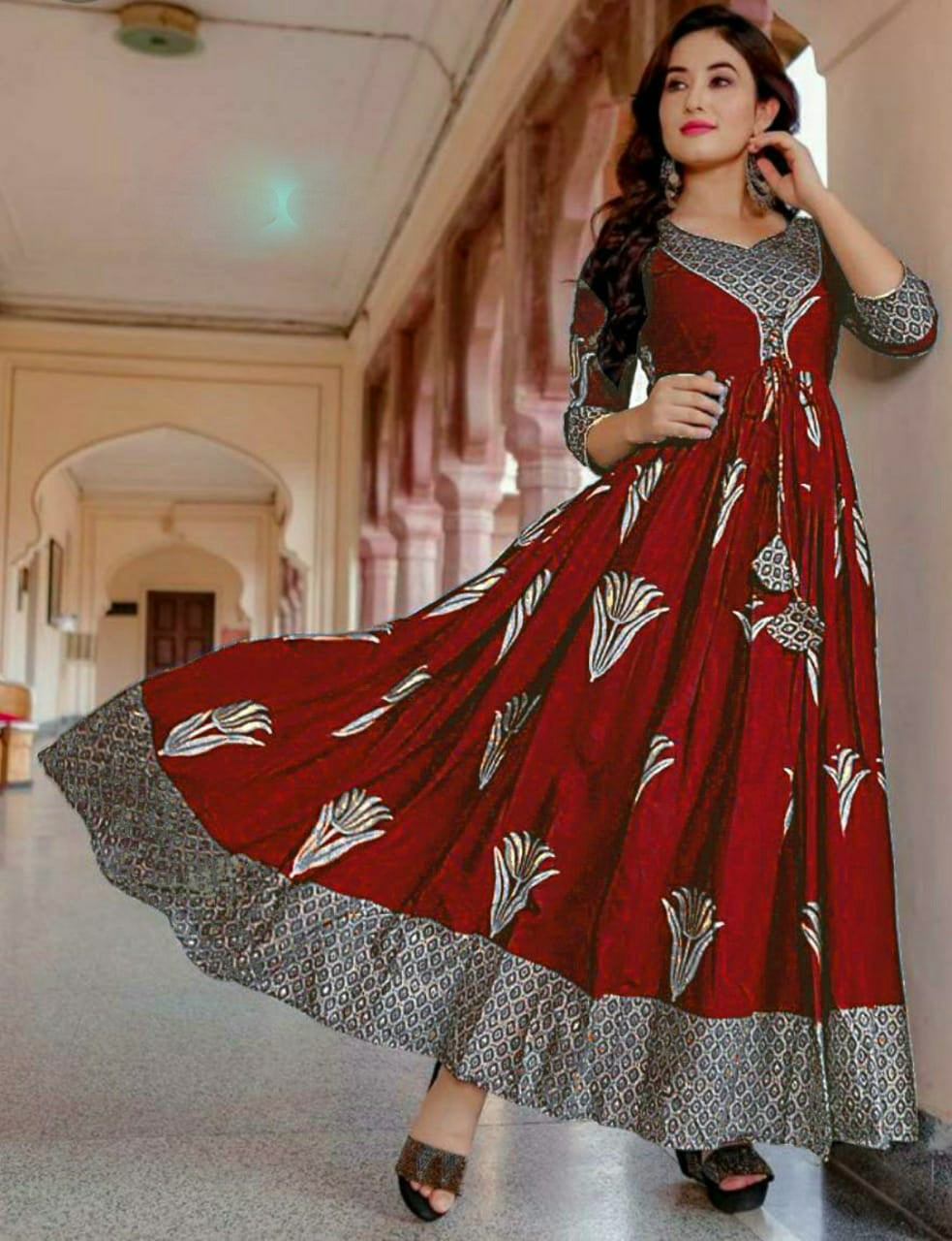 Women’s Viscose Rayon Gown | Soft Fabric | Dual Gold Print Work