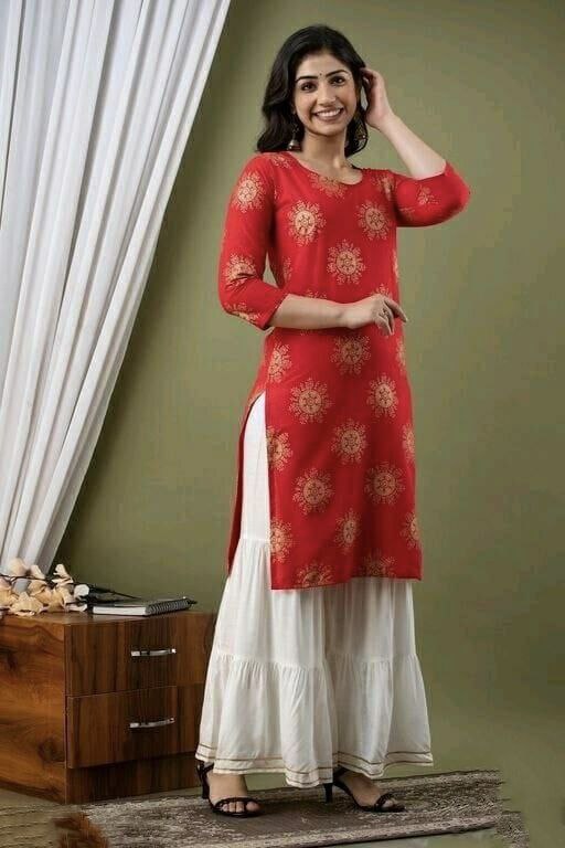 Women’s Rayon Kurti & Sharara Set | Foil Print Ethnic Wear