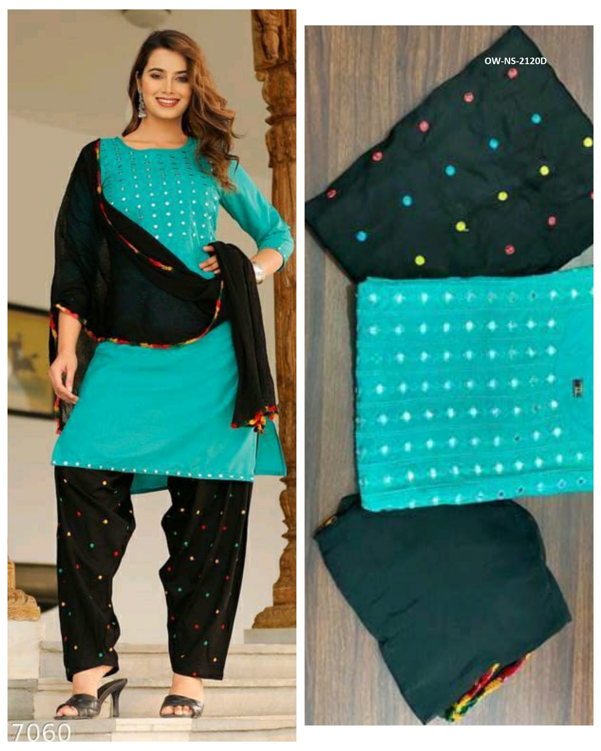 Pure Rayon Kurti Patiyala Suit for Women with Chiffon Dupatta | Mirror & Embroidery Work Set