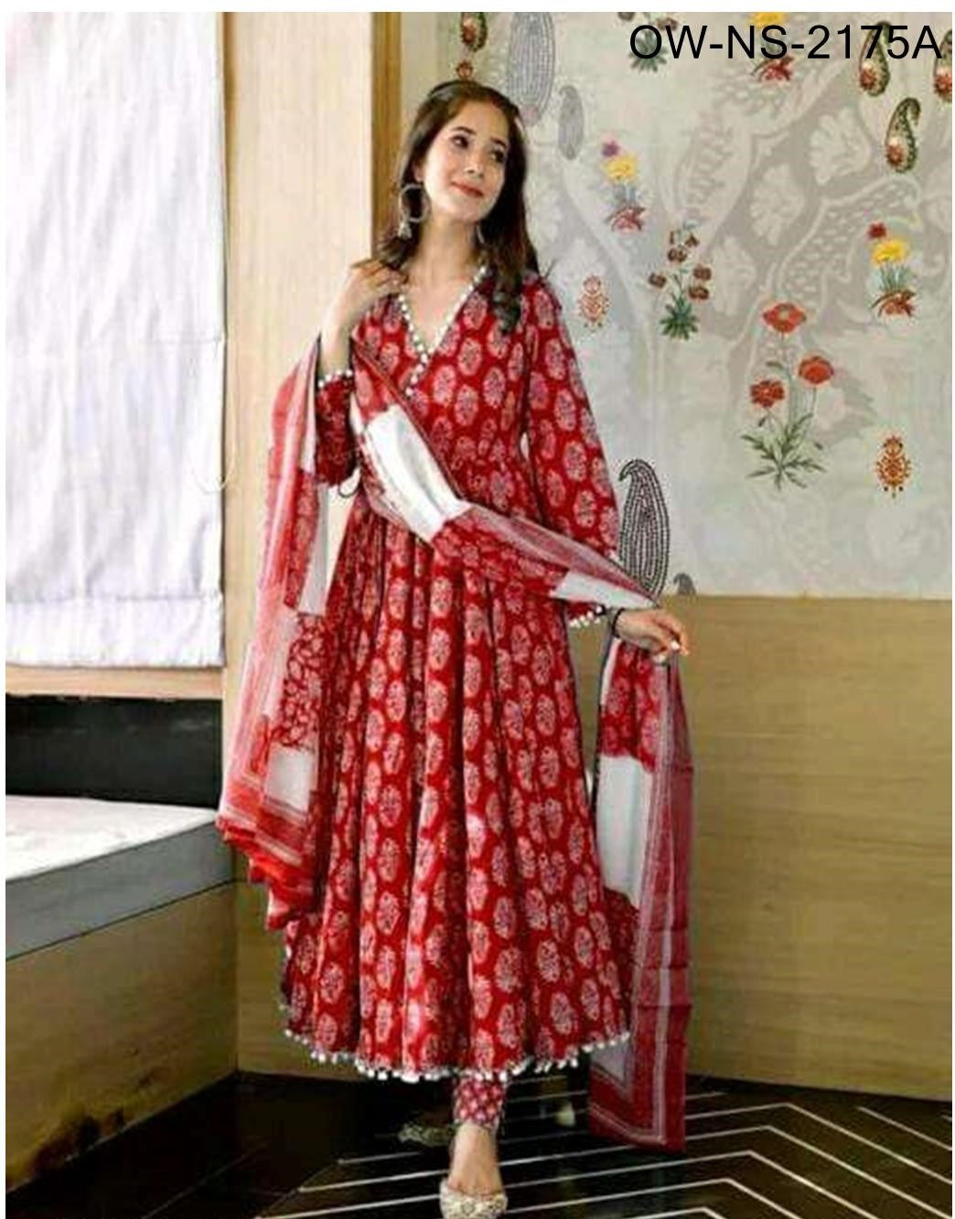 Set Kurti Bulat, Seluar dan Dupatta Cetakan Digital Kapas Tulen