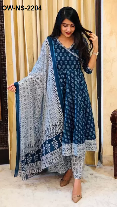 Kurti Bercetak Bulat Rayon Slub Bergaya dengan Set Seluar & Dupatta.