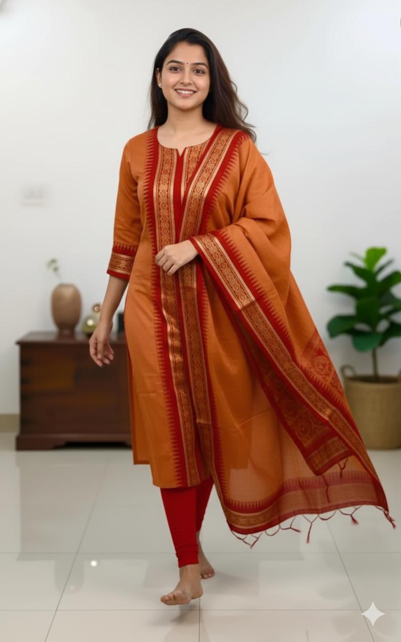 Orange Chanderi Cotton Straight Fit Kurta Set with Jacquard Border.