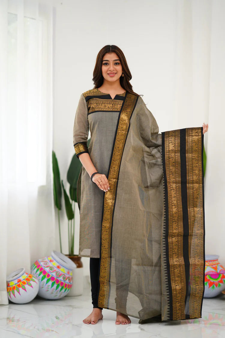 Silk South Cotton Kurti and Dupatta Set with Intricate Weaving Work