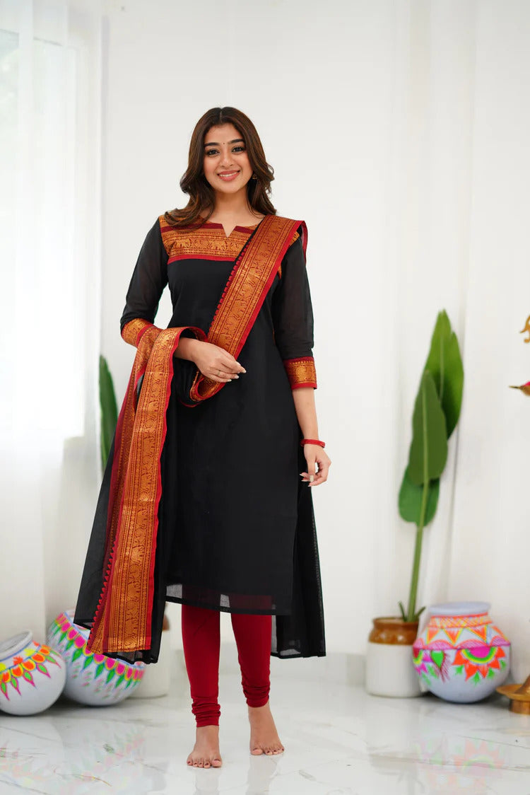 Silk South Cotton Kurti and Dupatta Set with Intricate Weaving Work