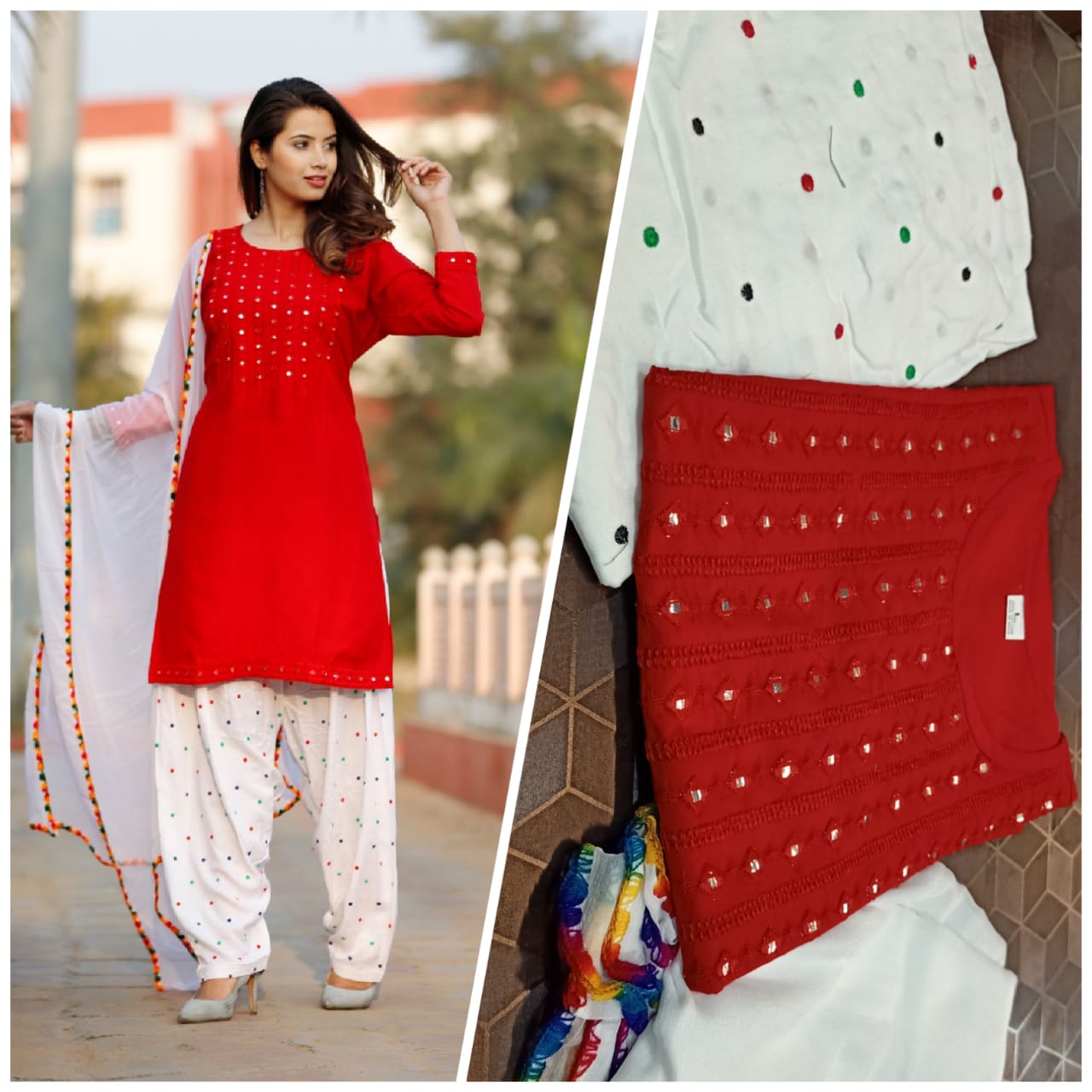 Sulaman Kurti dan Patiyala Rayon Tulen dengan Chiffon Dupatta