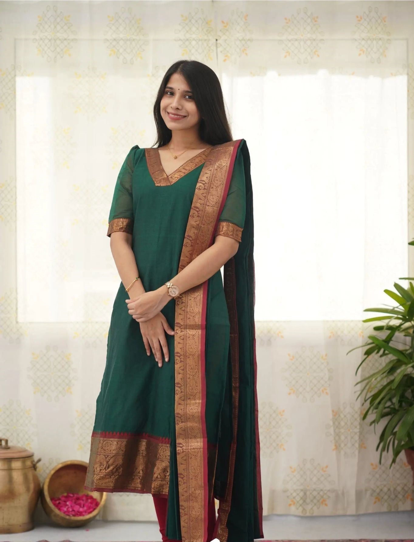 Bottle Green South Cotton Kurti Set with Maroon Tone Border – A Perfect Blend of Tradition and Style