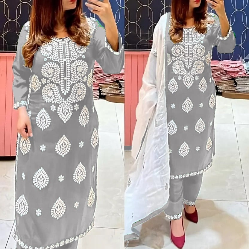 Mempersembahkan set Kurti Fabrik Kapas Rayon Berat Dengan Kerja Sulaman Gaya Chikankari
