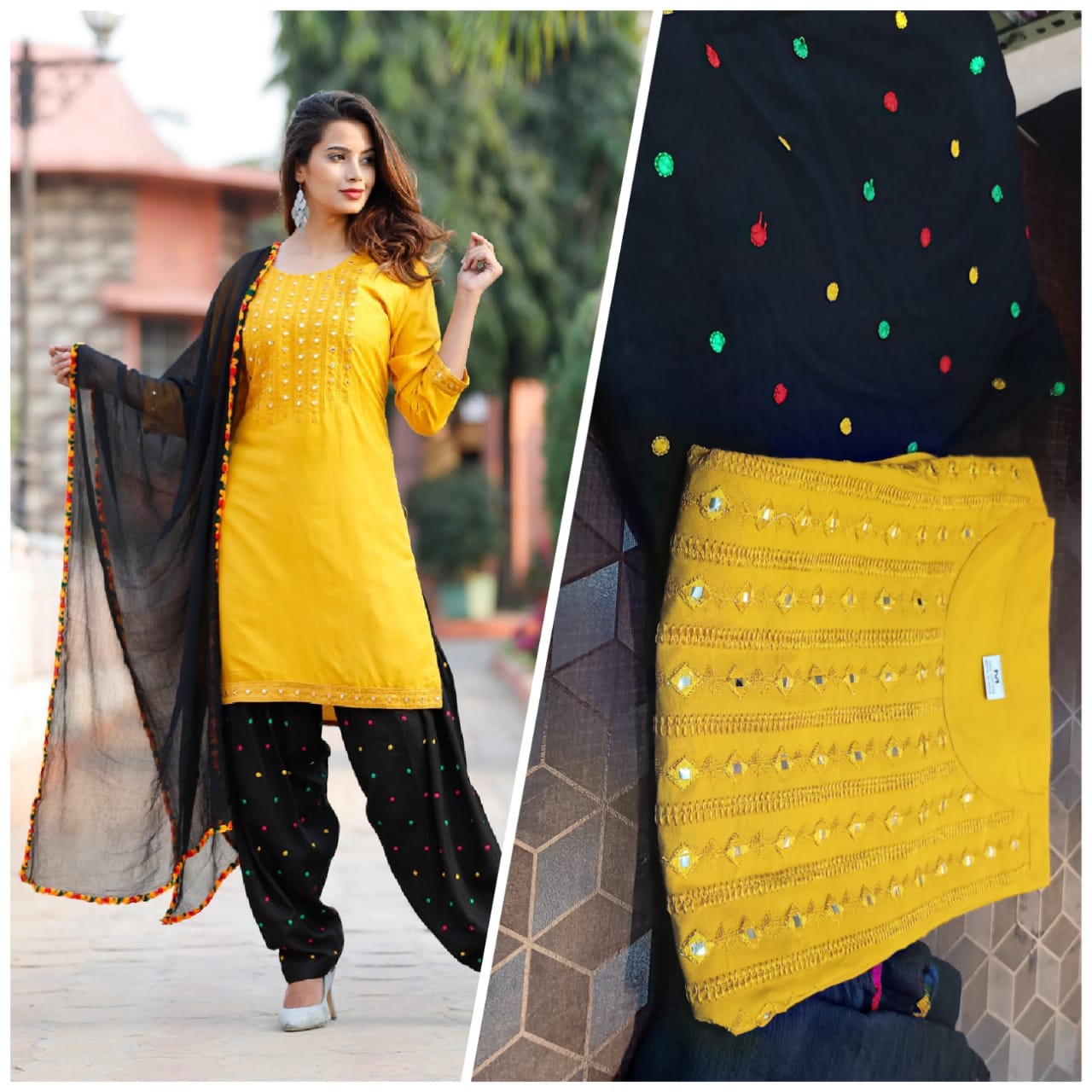 Pure Rayon Kurti Patiyala Suit for Women with Chiffon Dupatta | Mirror & Embroidery Work Set
