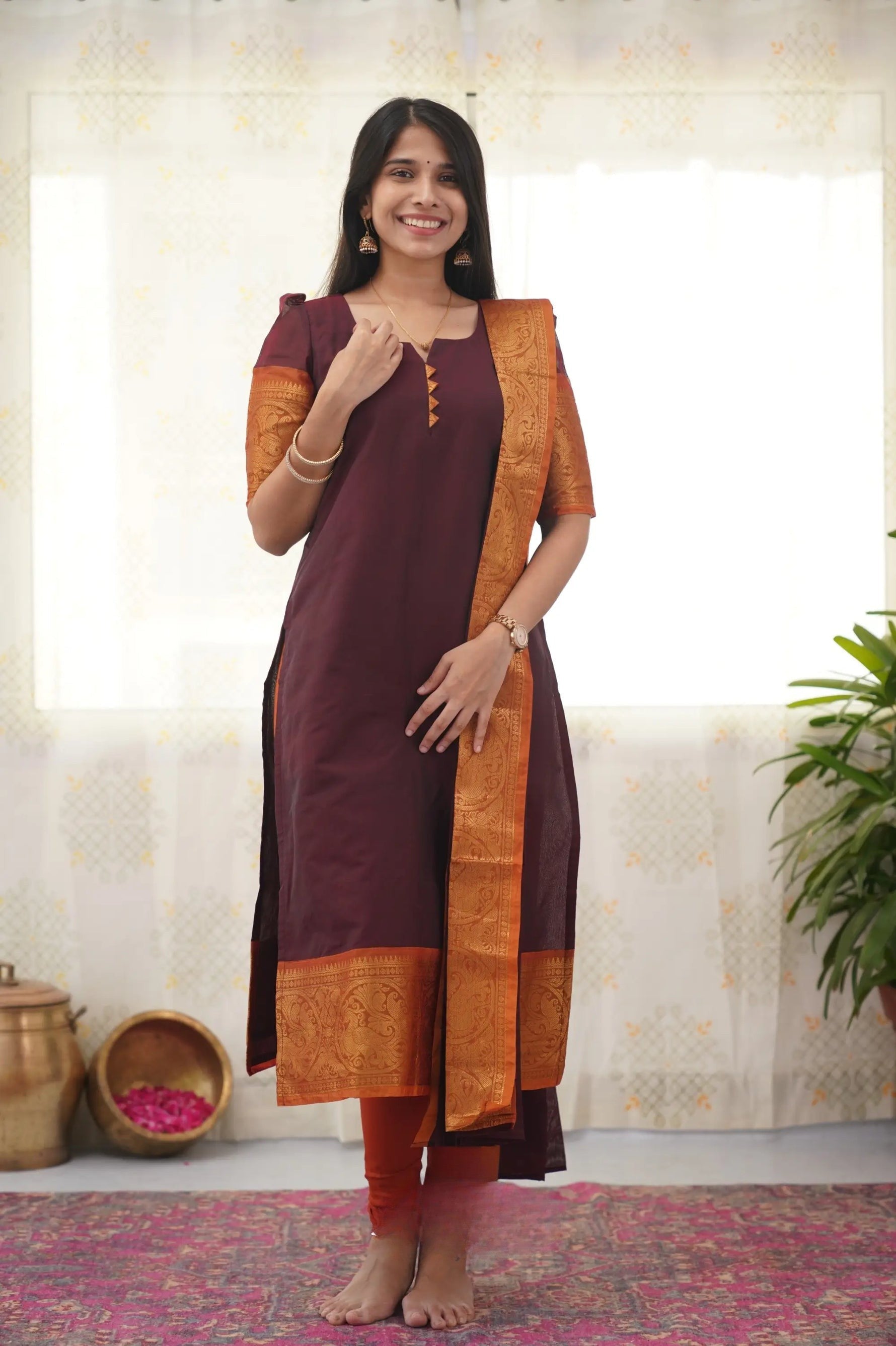 Maroon South Cotton Kurti with Bold Orange Border – Classic Charm Meets Contemporary Style