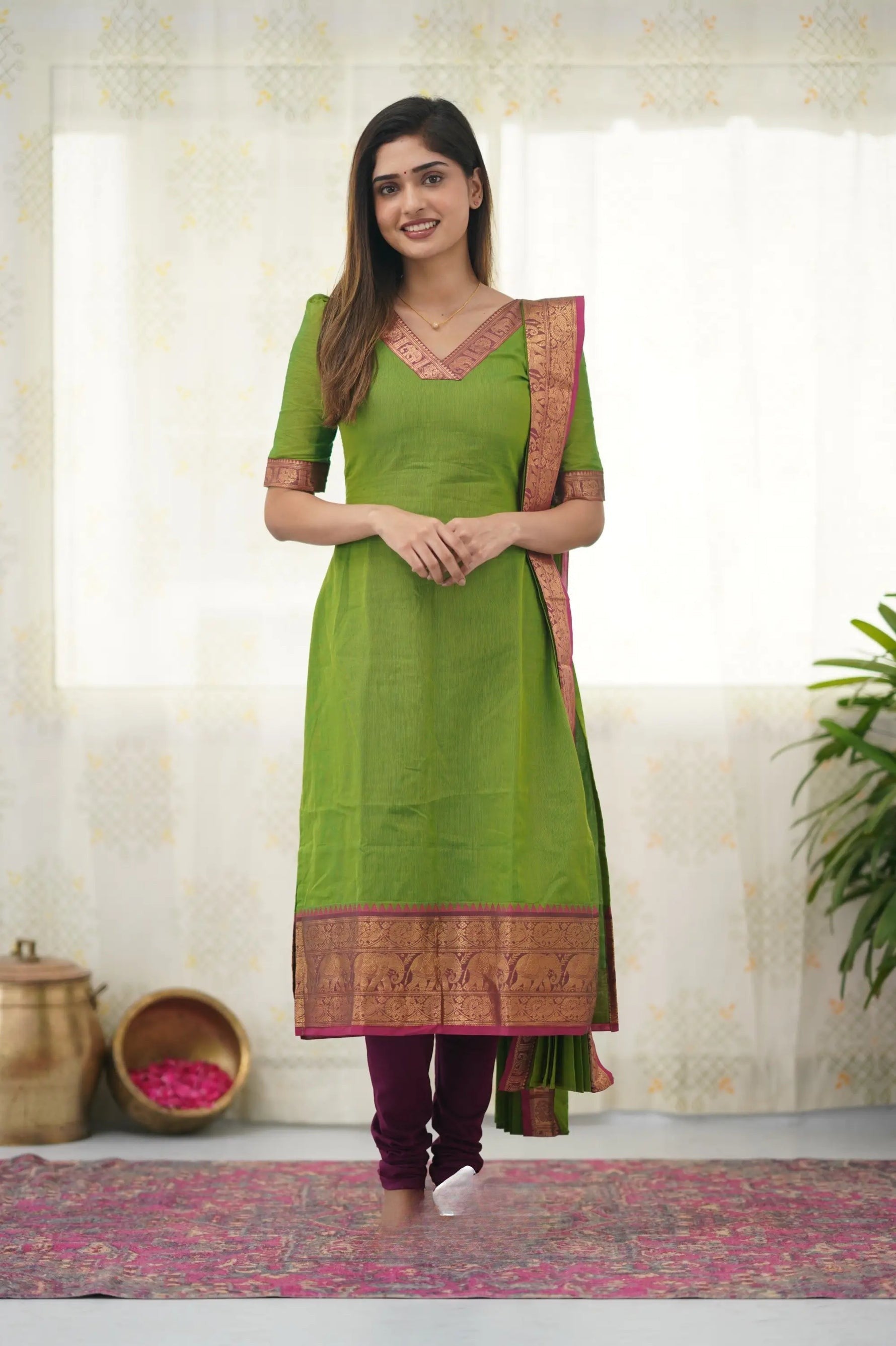 Fresh Light Green South Cotton Kurta Set with Pink Tone Border – Graceful and Vibrant