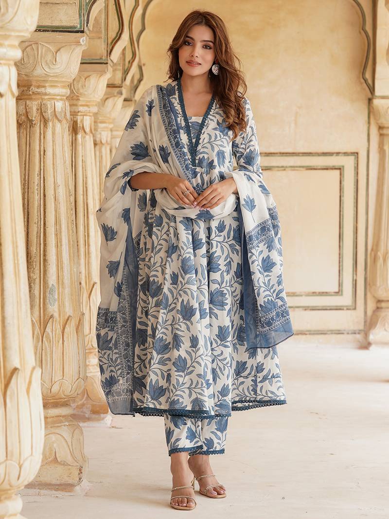 Kurta Bunga V-Neck yang Elegan dengan Seluar Bercetak dan Set Chanderi Dupatta