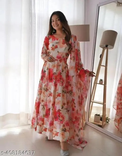 Set Gaun Georgette Bercetak Bergaya Bergaya Dengan Dupatta