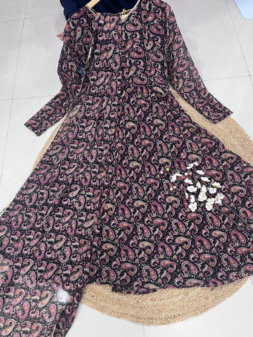 Stylish Trendy Printed Georgette Gown Set With Dupatta