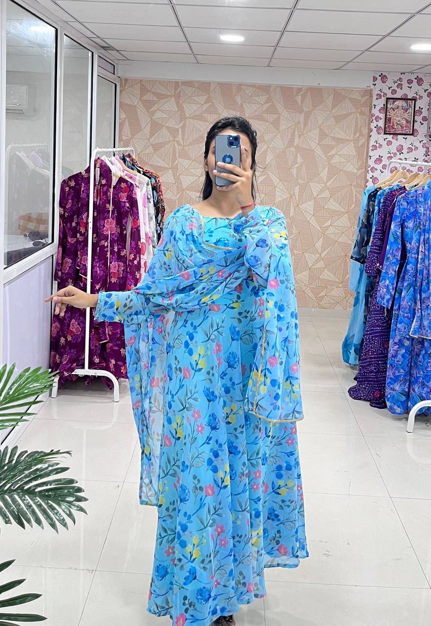 Set Gaun Georgette Bercetak Bergaya Bergaya Dengan Dupatta