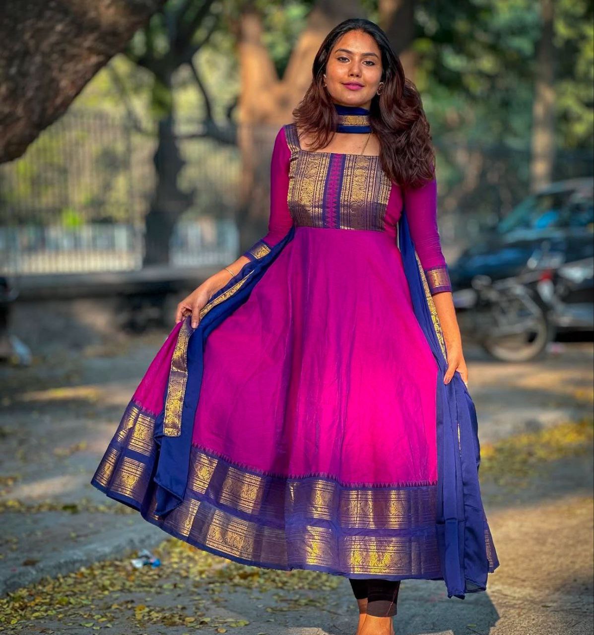 Traditional Anarkali Kurta Set in Vichitra Silk with Zari Detailing