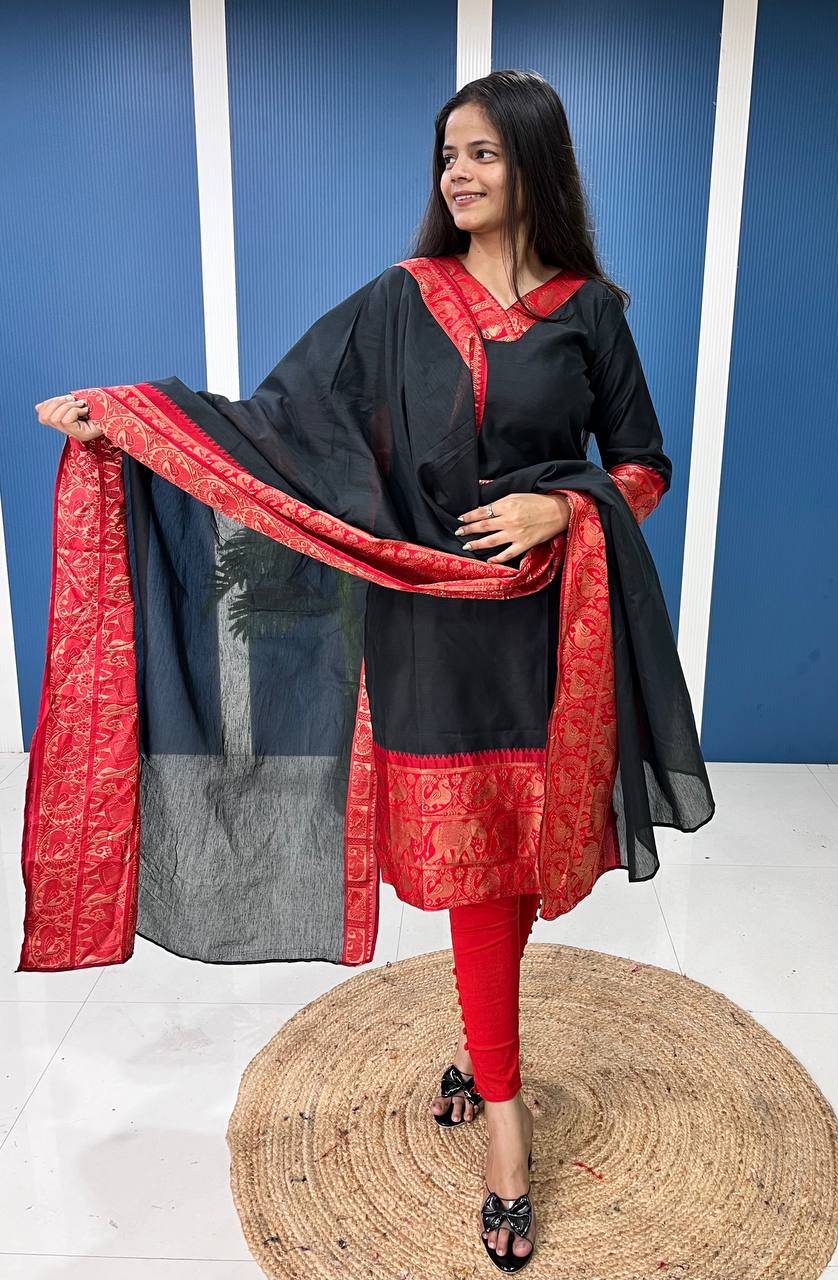 South Cotton Kurti and Dupatta Set with Intricate Weaving Work