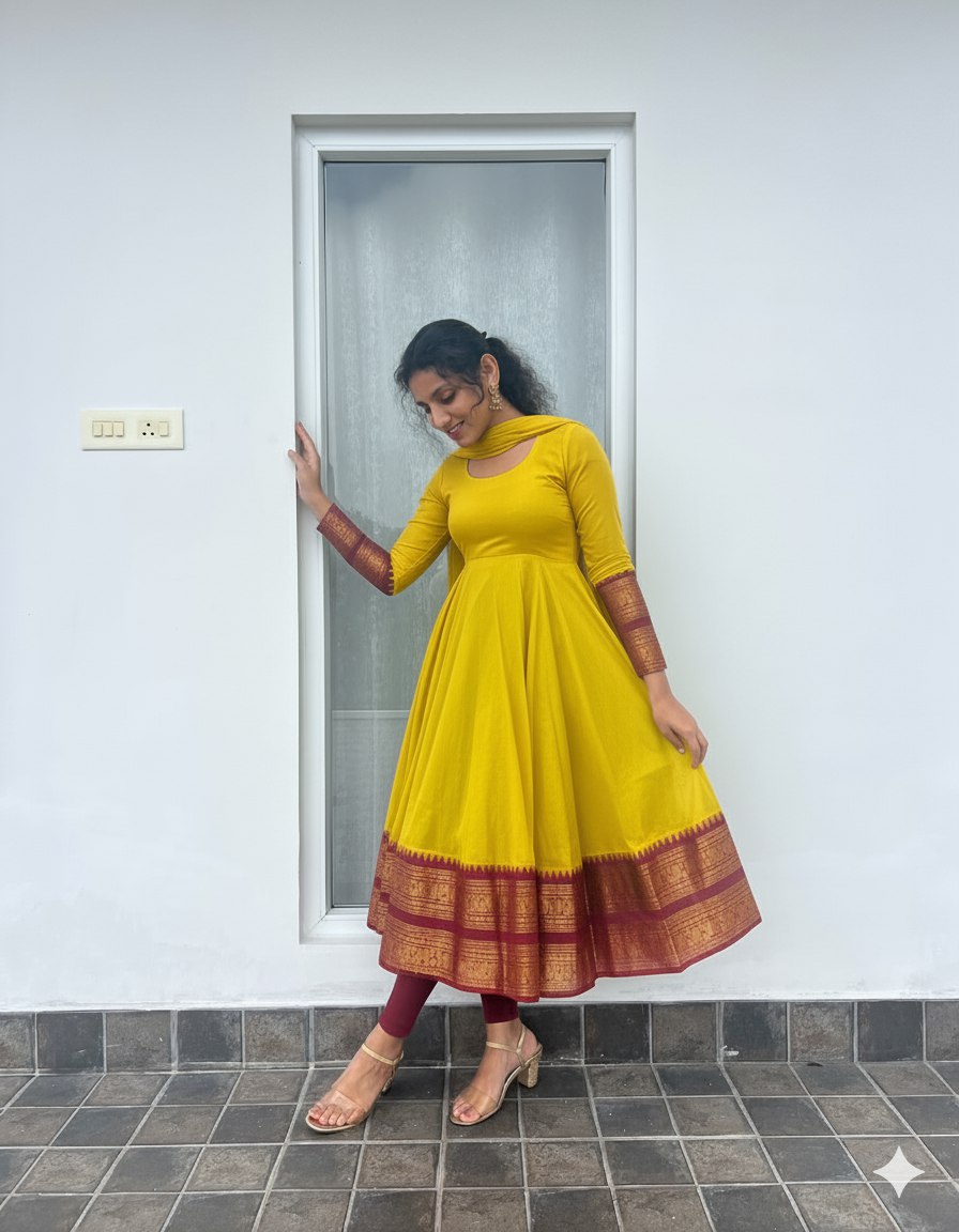 Yellow Georgette Anarkali with Traditional Border