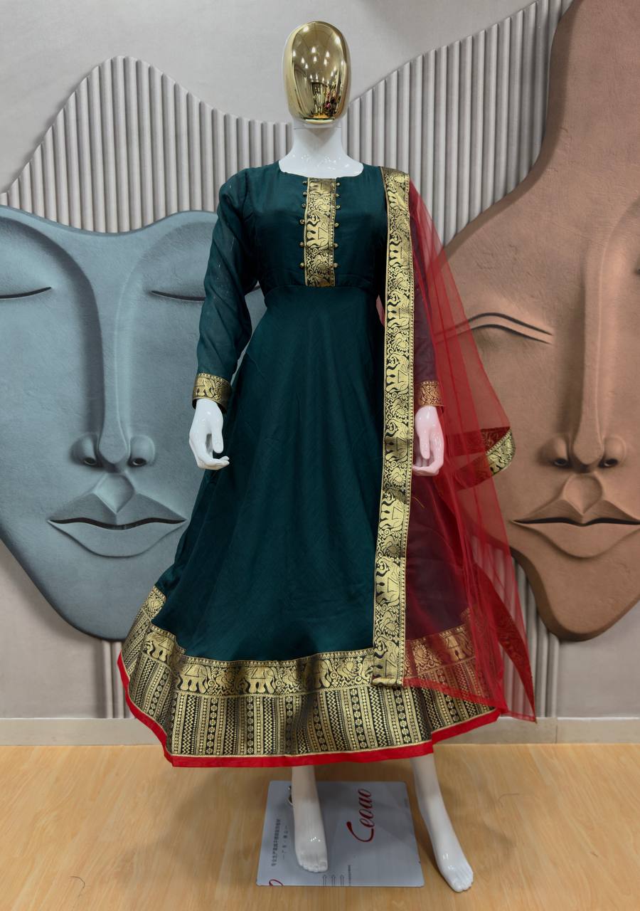 Festive Vichitra Silk Gown with Net Dupatta