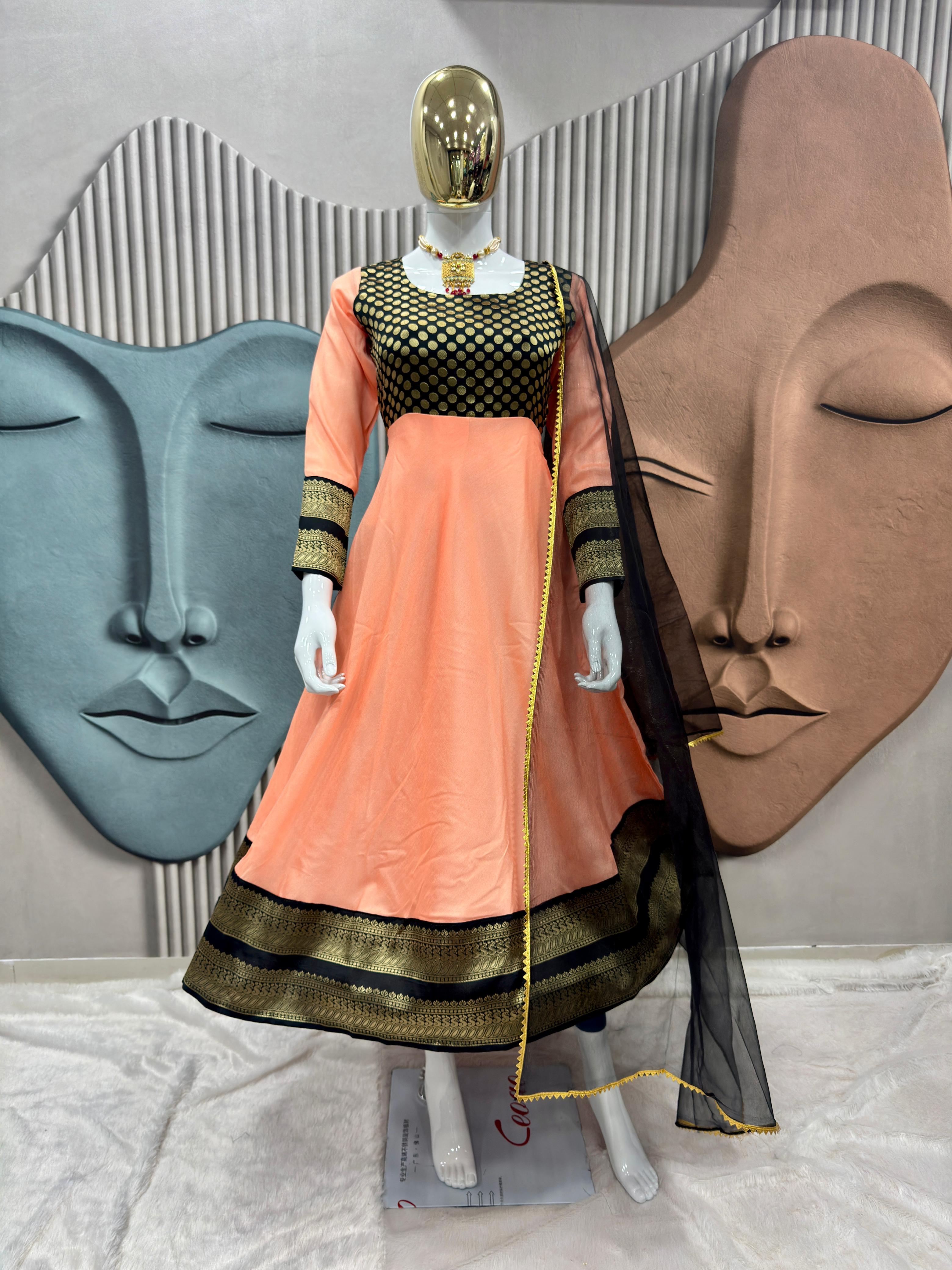 Elegant Peach Antalkali Suit with Jacquard Silk & Net Dupatta