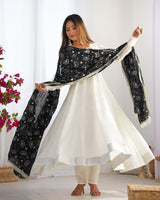 Elegant White Georgette Anarkali Suit with Black Sequins & Zari Lace Dupatta
