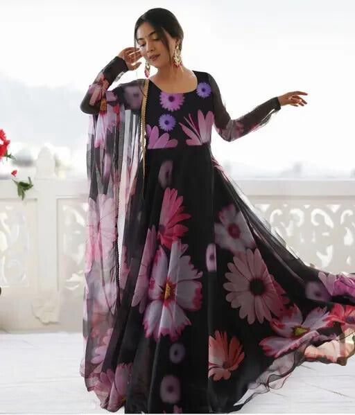 Set Gaun Georgette Bercetak Bergaya Bergaya Dengan Dupatta