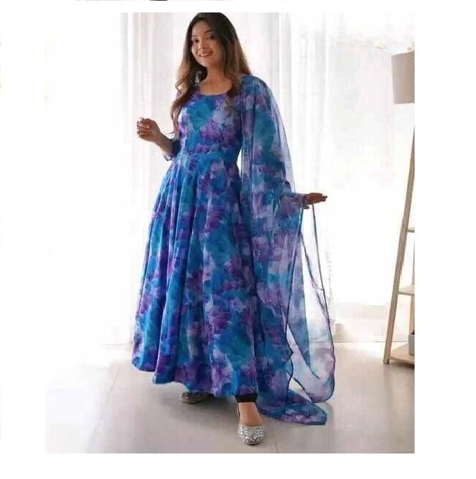 Set Gaun Georgette Bercetak Bergaya Bergaya Dengan Dupatta