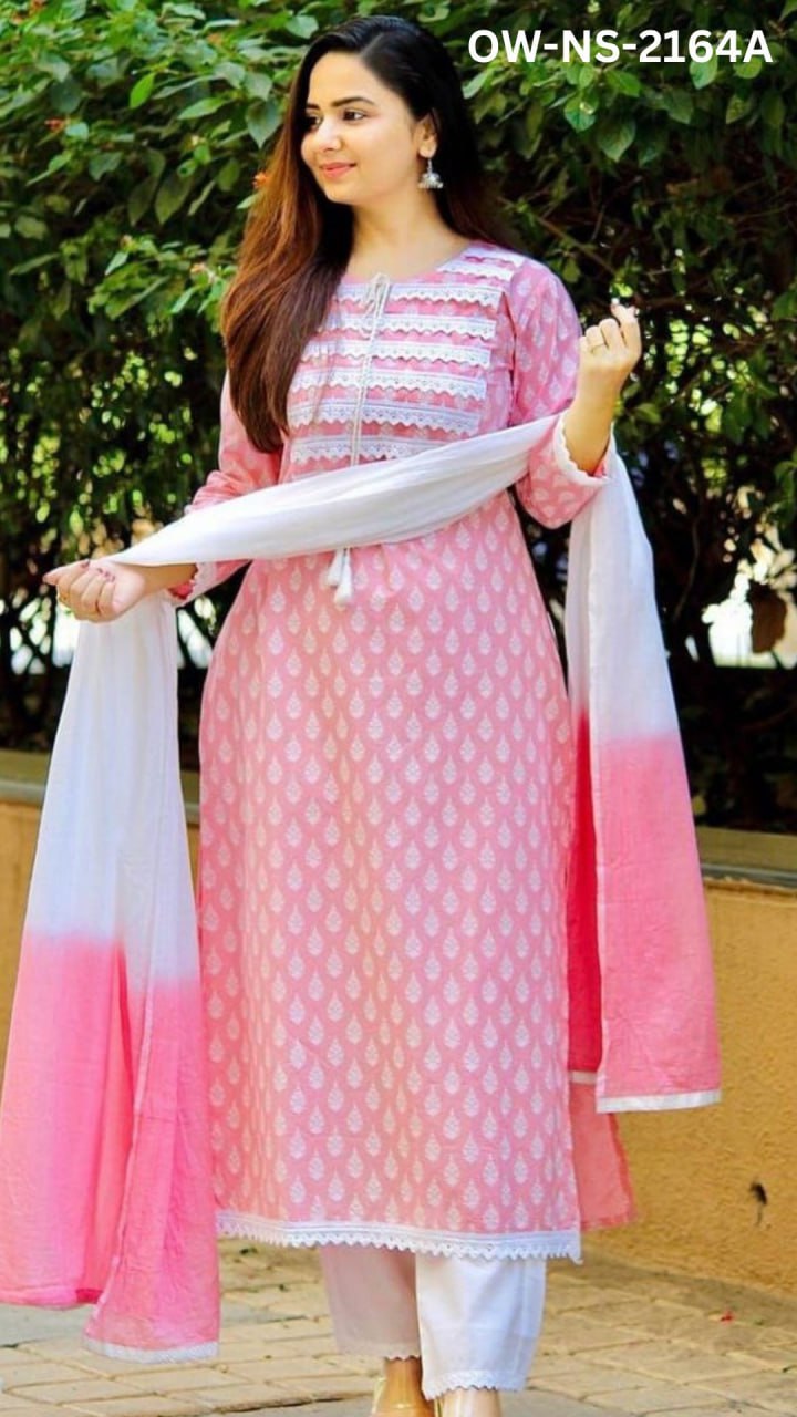 Printed Kurti, Pant, and Dupatta Set with Lace Work on Neck