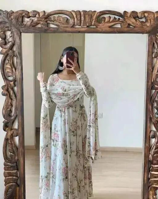 Set Gaun Georgette Bercetak Bergaya Bergaya Dengan Dupatta